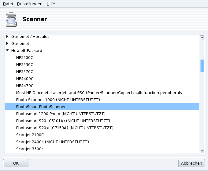 Baumansicht der bekannten Scannermodelle